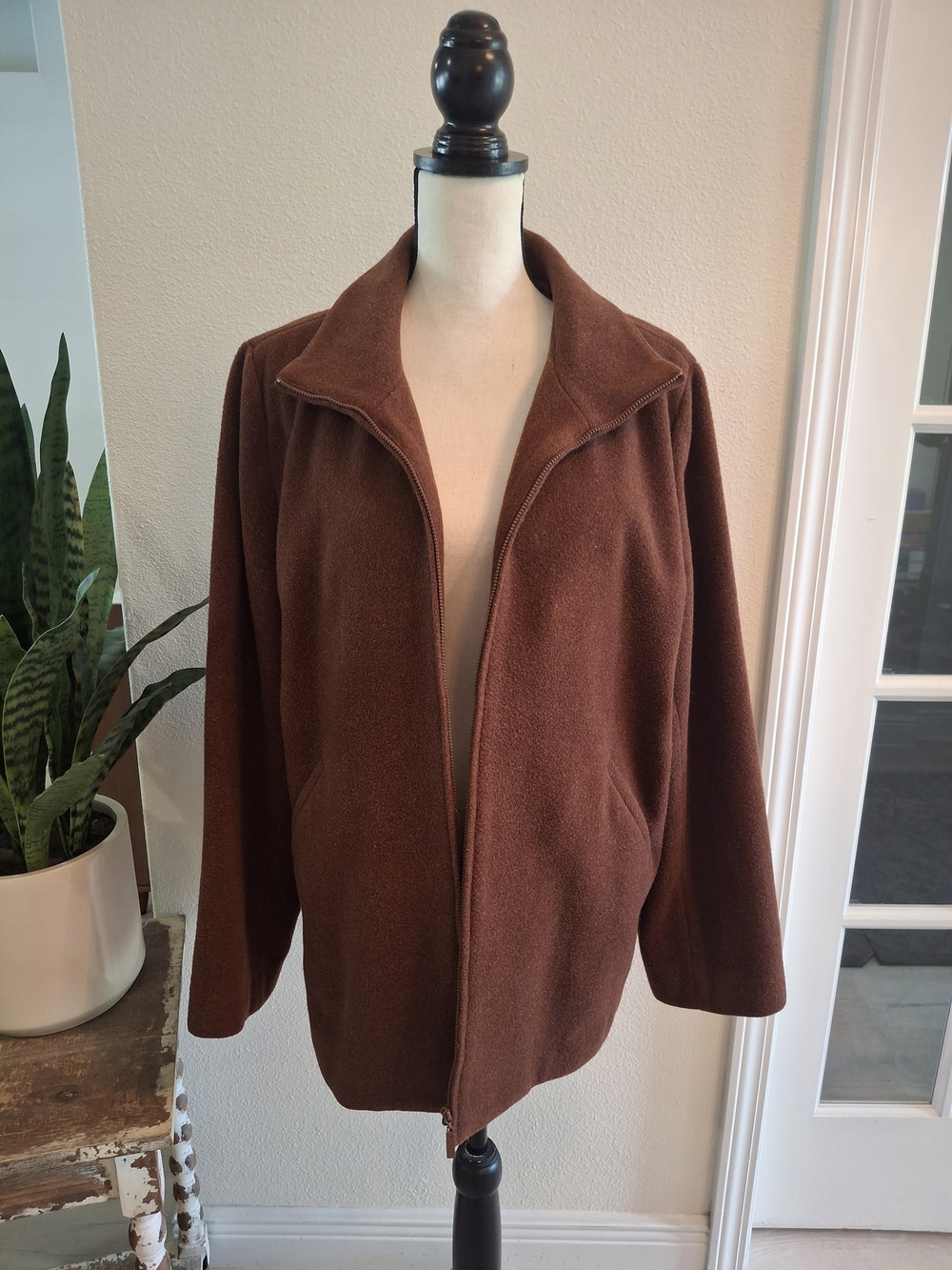 Wool Eileen Fisher Rich Brown Zip-Front Fleece Jacket